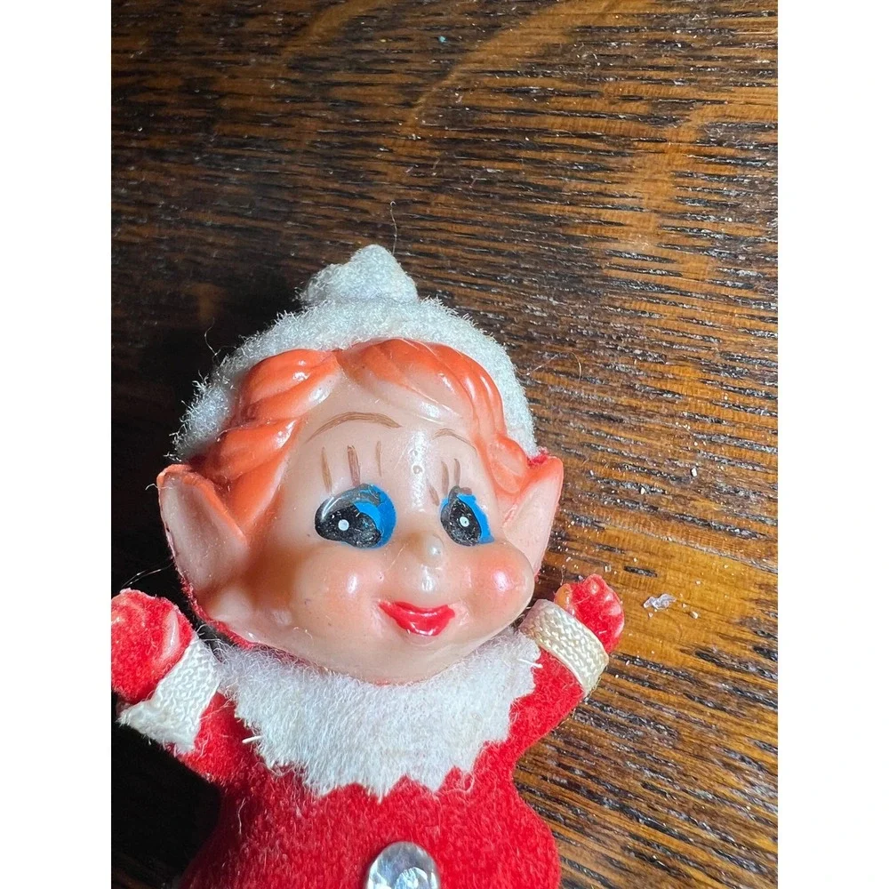 Vintage Christmas Flocked Elf Figurine Red Santa Suit Hong Kong Retro Decor 2.5